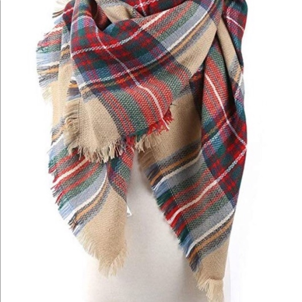 Tan Multi Plaid Blanket Scarf - Picture 2 of 3